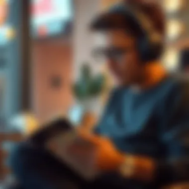 A person engaging with an audiobook through headphones while multitasking