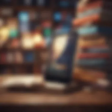 Exploring Different Formats A stack of books next to a tablet displaying an audiobook interface.
