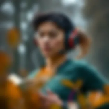 Immersive Running Experience Runner immersed in audiobook with headphones