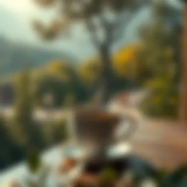 A steaming cup of coffee placed on a table with a view of nature