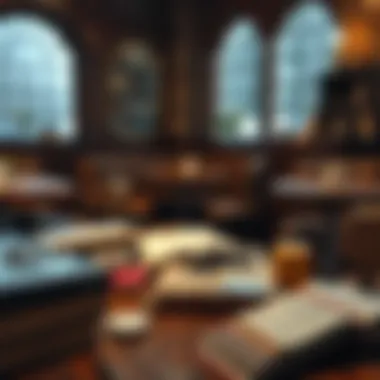 Books and journals scattered across a table in a quiet corner of the café