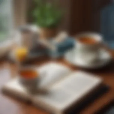 A cup of tea beside an open book on a table