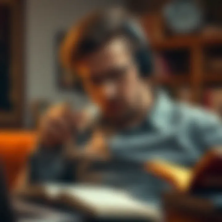 A person listening to an audiobook with a notebook and pen