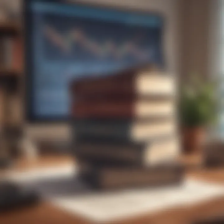 Books stacked on a desk with financial charts in the background