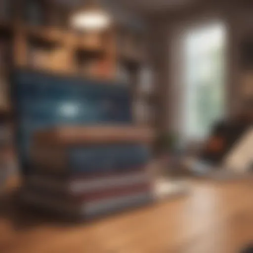 Books stacked on a desk with a laptop