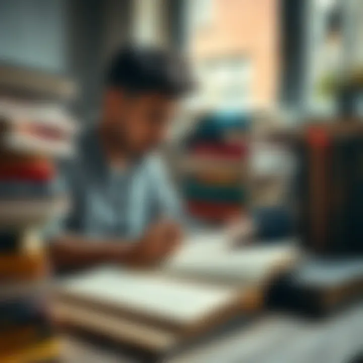 A person writing in a journal next to a collection of books