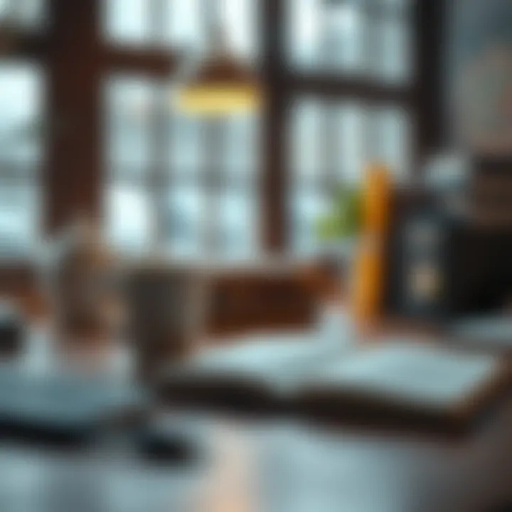 Workspace for Personal Reflection and Growth A serene workspace with a cup of coffee and a notebook, symbolizing personal growth