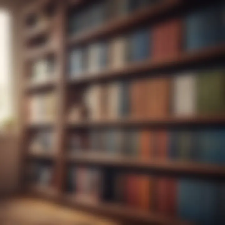 A modern office environment showcasing a bookshelf filled with leadership titles