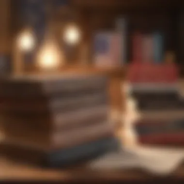 A stack of classic American history books on a wooden table