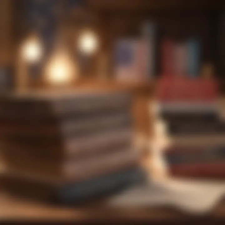 A stack of classic American history books on a wooden table