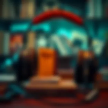 Audiobook experience with headphones and book icons