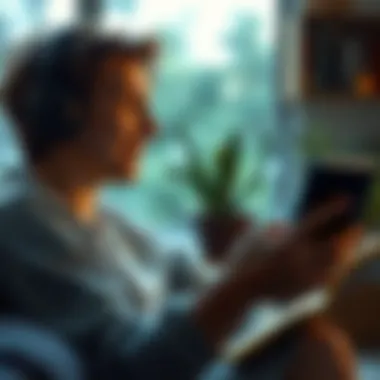 A comforting scene of a listener immersed in an audiobook experience