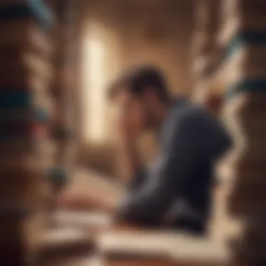 A person contemplating over a stack of books and notes