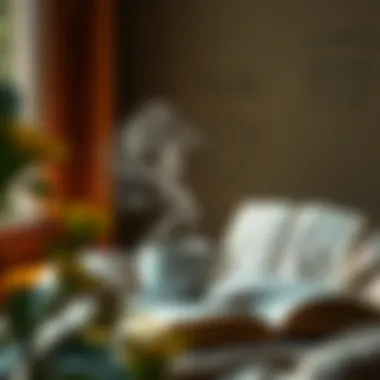 A cozy reading nook with a steaming cup of tea and inspirational quotes on the wall