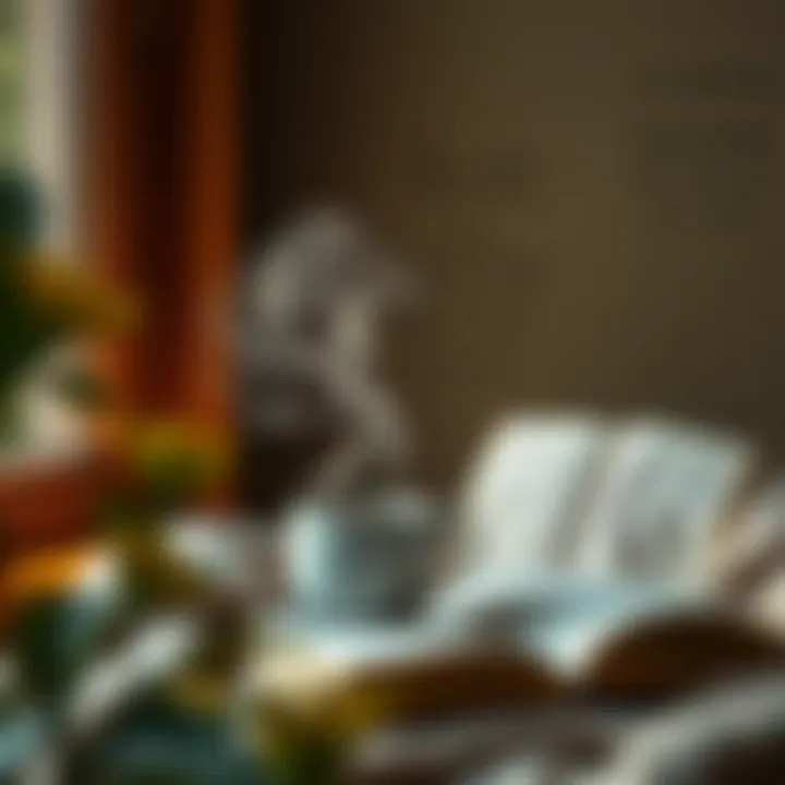 A cozy reading nook with a steaming cup of tea and inspirational quotes on the wall