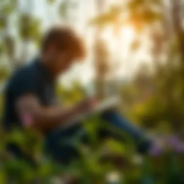 A person writing in a journal surrounded by nature, reflecting on personal growth