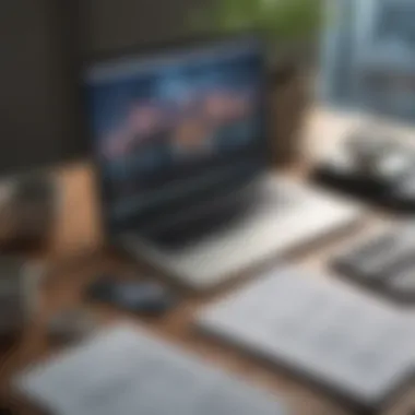 Financial Planning Workspace A serene desk setup with a laptop and financial reports