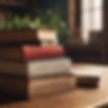 A stack of classic love books on a wooden table