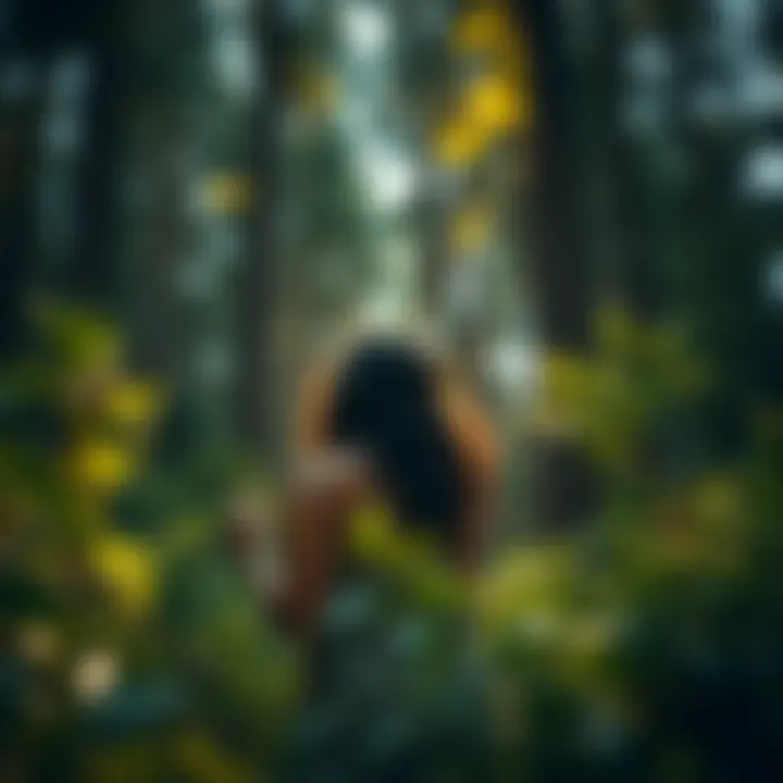 An individual immersed in nature, surrounded by towering trees and a tranquil atmosphere