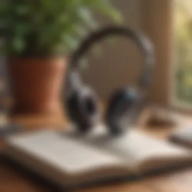 Listening to Audiobooks in Peace A tranquil setting with headphones and a book, symbolizing the joy of listening to audiobooks.