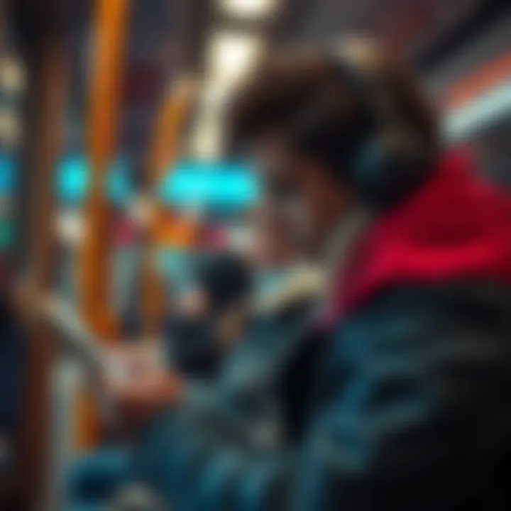 A person engaged in learning through a book listening app while commuting