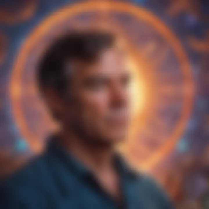 A vibrant depiction of Joseph Campbell engaged in deep thought, surrounded by mythological symbols.