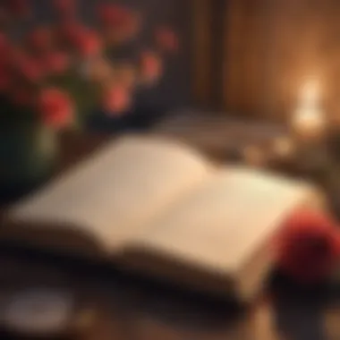 An open book surrounded by soft candles and flowers