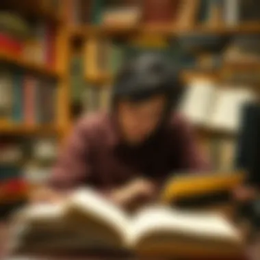 Understanding Love's Complexities A thoughtful person surrounded by books, engaged in deep reflection about love's complexities.