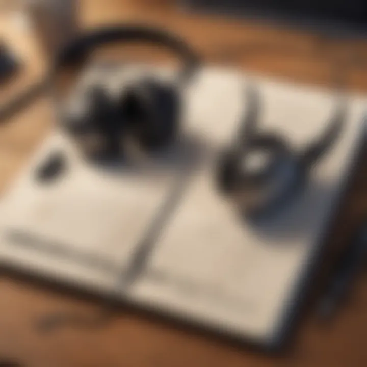 A notebook and pen next to headphones, indicating reflection