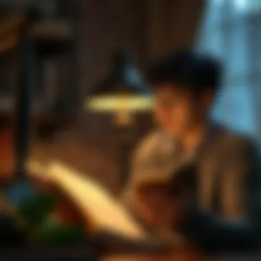 An individual immersed in reading under a cozy lamp