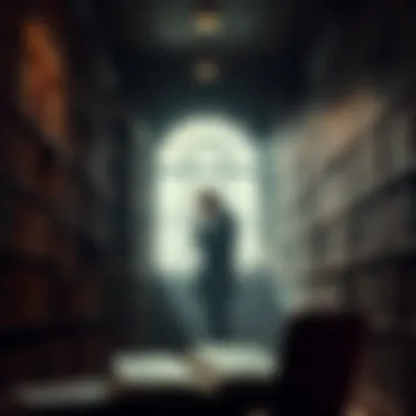 A shadowed figure pondering in a library filled with books