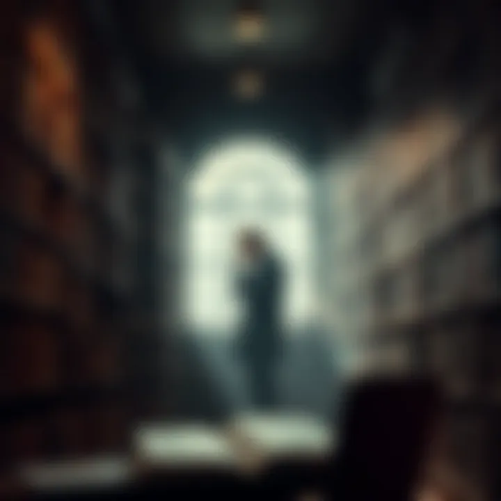 A shadowed figure pondering in a library filled with books