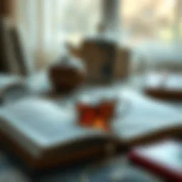 A serene setting with open books and a cup of tea, symbolizing self-reflection and learning
