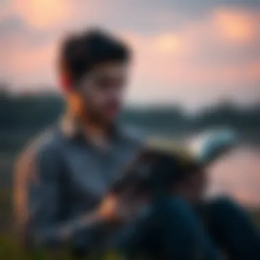 A thoughtful individual reading a leadership book in a tranquil environment