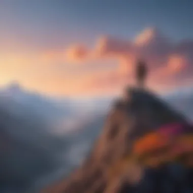 A lone figure standing on a mountain peak, symbolizing achievement and fulfillment