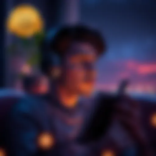 A serene scene of a person listening to an audiobook with headphones on