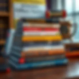 A collection of financial modeling books stacked on a wooden desk.