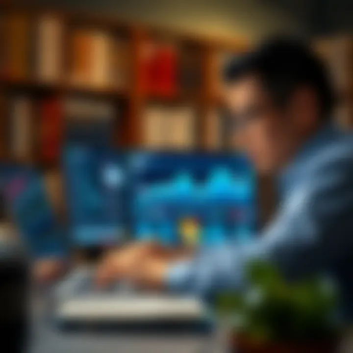 Analyzing Financial Insights A person analyzing financial data on a laptop with books in the background.