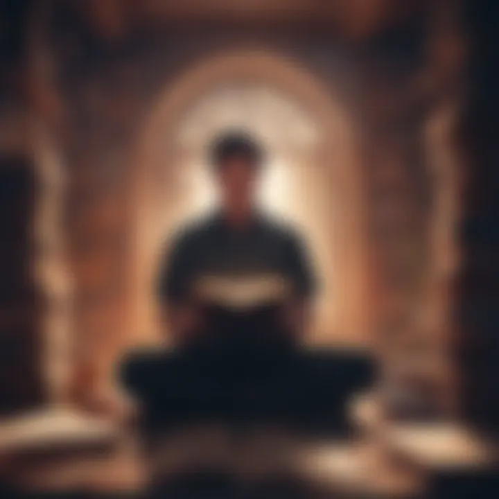 A silhouette of someone meditating with books surrounding them