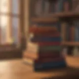 A stack of diverse books on a wooden table surrounded by a warm light