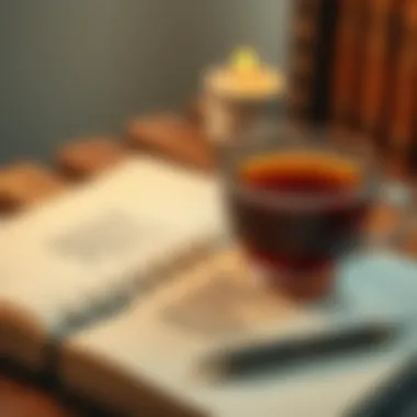 A close-up of a notebook with handwritten quotes and a cup of tea