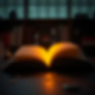 An open book with glowing pages in a dimly lit room