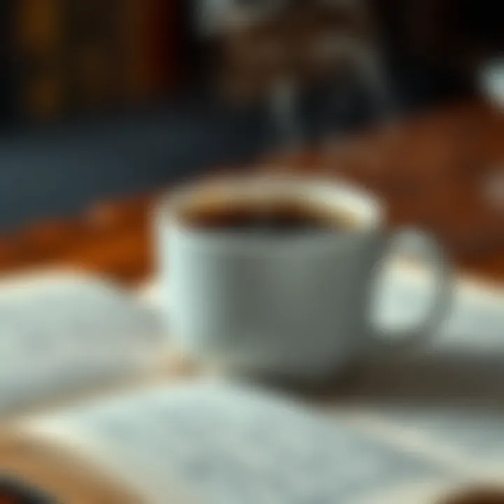 Close-up of a steaming cup of coffee and an open book