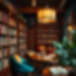 Cozy café corner with bookshelves