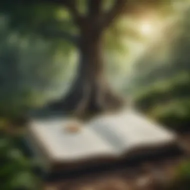 An open book surrounded by lush greenery, symbolizing the literature on tree bathing