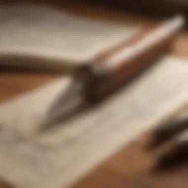 A close-up of a quill pen above a parchment with cryptic symbols