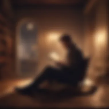 Secrets Unveiled in the Pages A shadowy figure reading a book in dim light