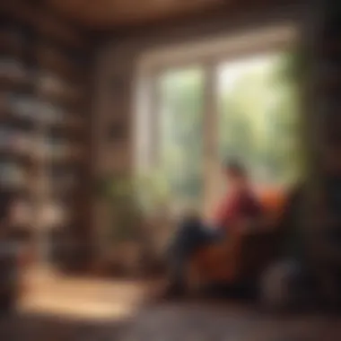 A person contemplating in a cozy reading nook surrounded by books