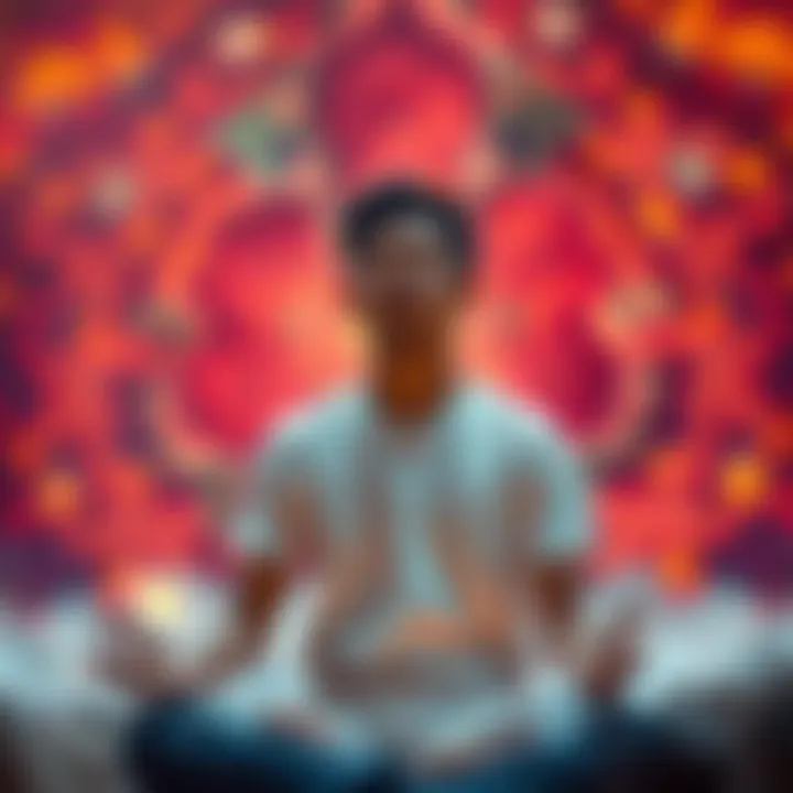 A person meditating amidst a vibrant background, symbolizing self-discovery