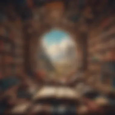 The Blend of Philosophy and Fiction A collage of famous philosophical texts alongside fiction novels, illustrating the blend of genres.